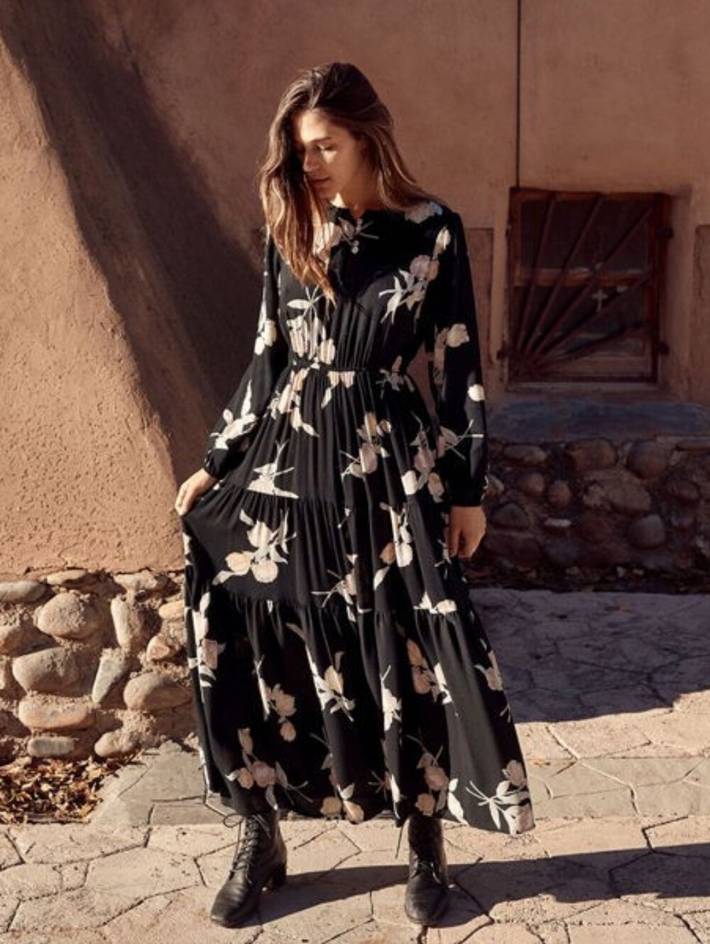 Christy Dawn The River Dress Maxi Night Tulip XS/S Tiered Billowy Long Sleeves